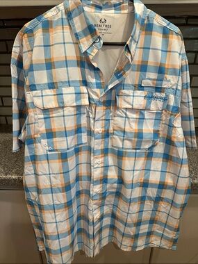 Realtree Short-Sleeve Plaid Button-Up Shirt - Light Blue & Tan